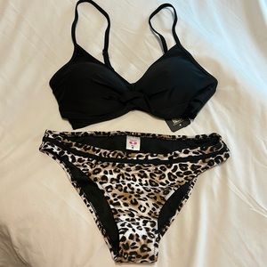 Shekini 2 piece bikini black top and leopard bottoms Swimwear size S
